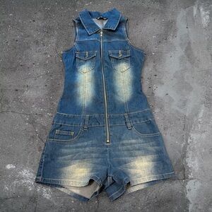 Y2K Denim Romper Mini Jumpsuit Zip Front 90s Florida Summer Bratz XS
